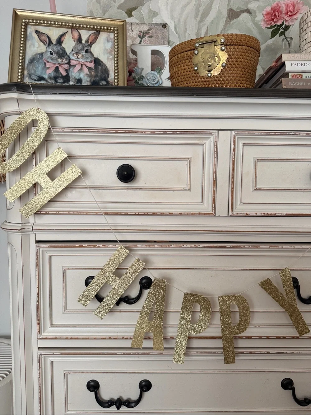 Cream Distressed Dresser with Black Hardware